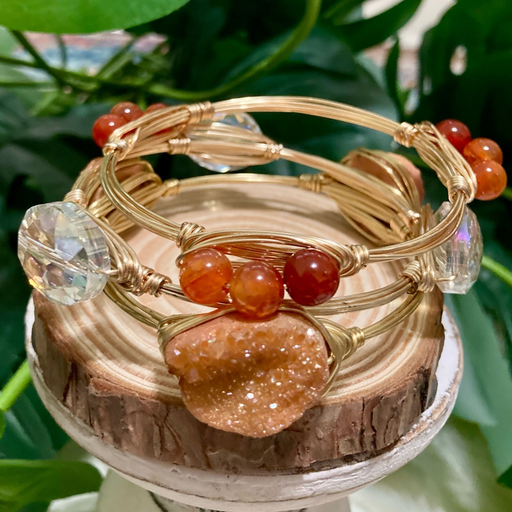 New 3 Gold Tone Wire Wrapped Bracelets Bangles Natural Stones 7” In Diameter